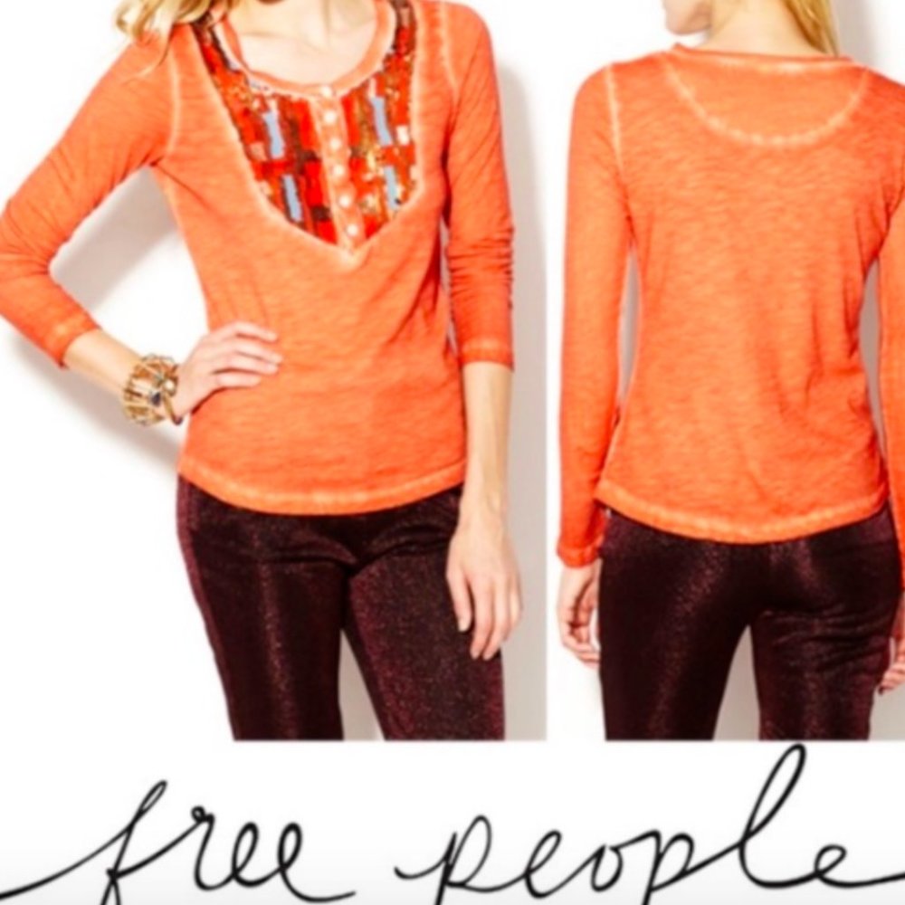 Free People Tiger Eyes Henley Sequin Orange top